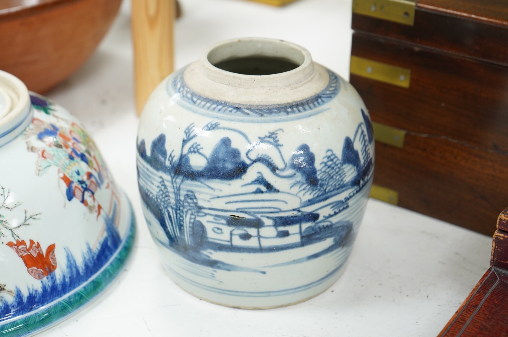 A Chinese famille verte ‘warriors’ bowl and a blue and white ginger jar, bowl 29.5cm diameter